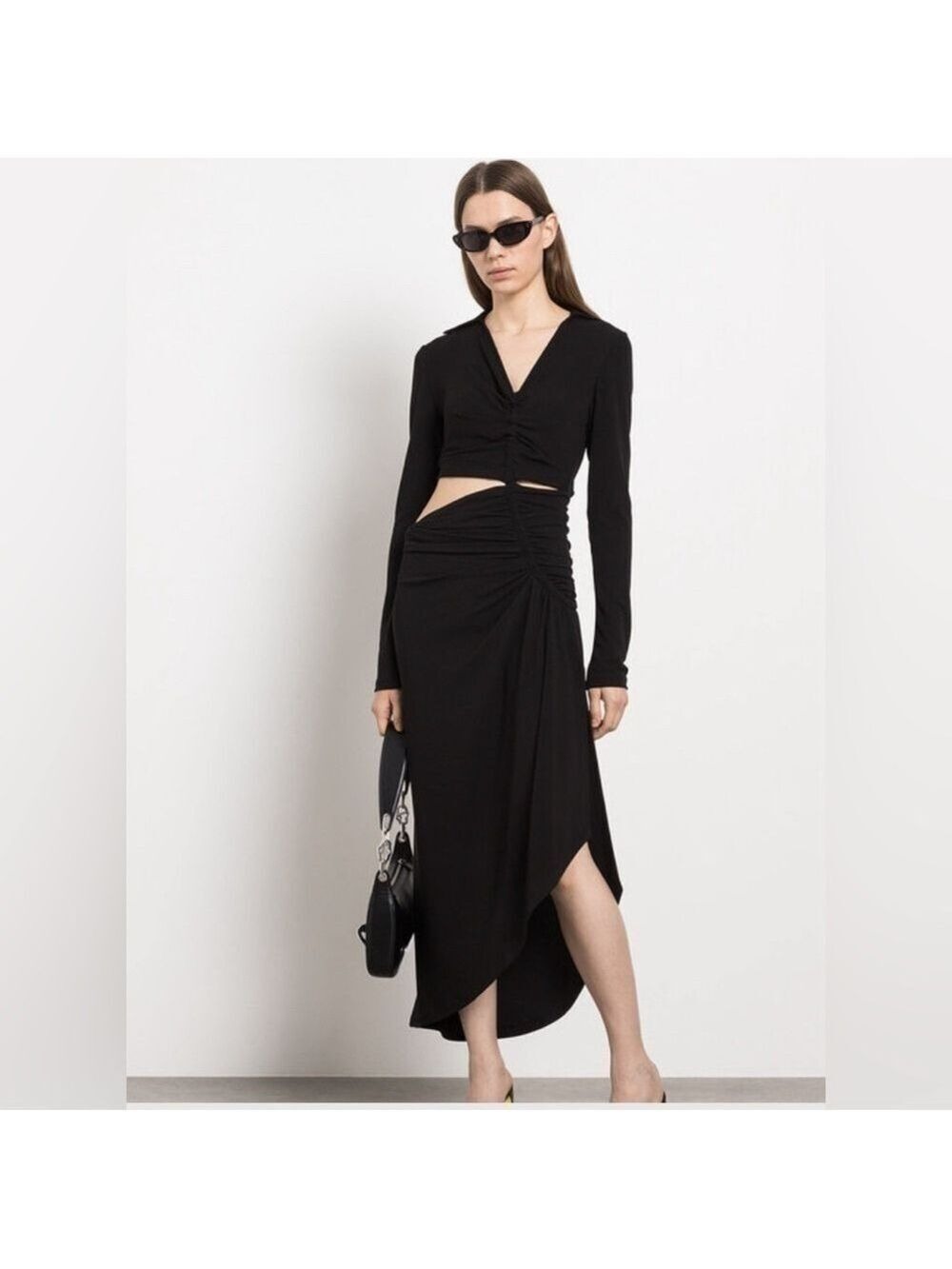 Off-White Asymmetrical Cut Out Draped Midi Dress in Black Size Large
